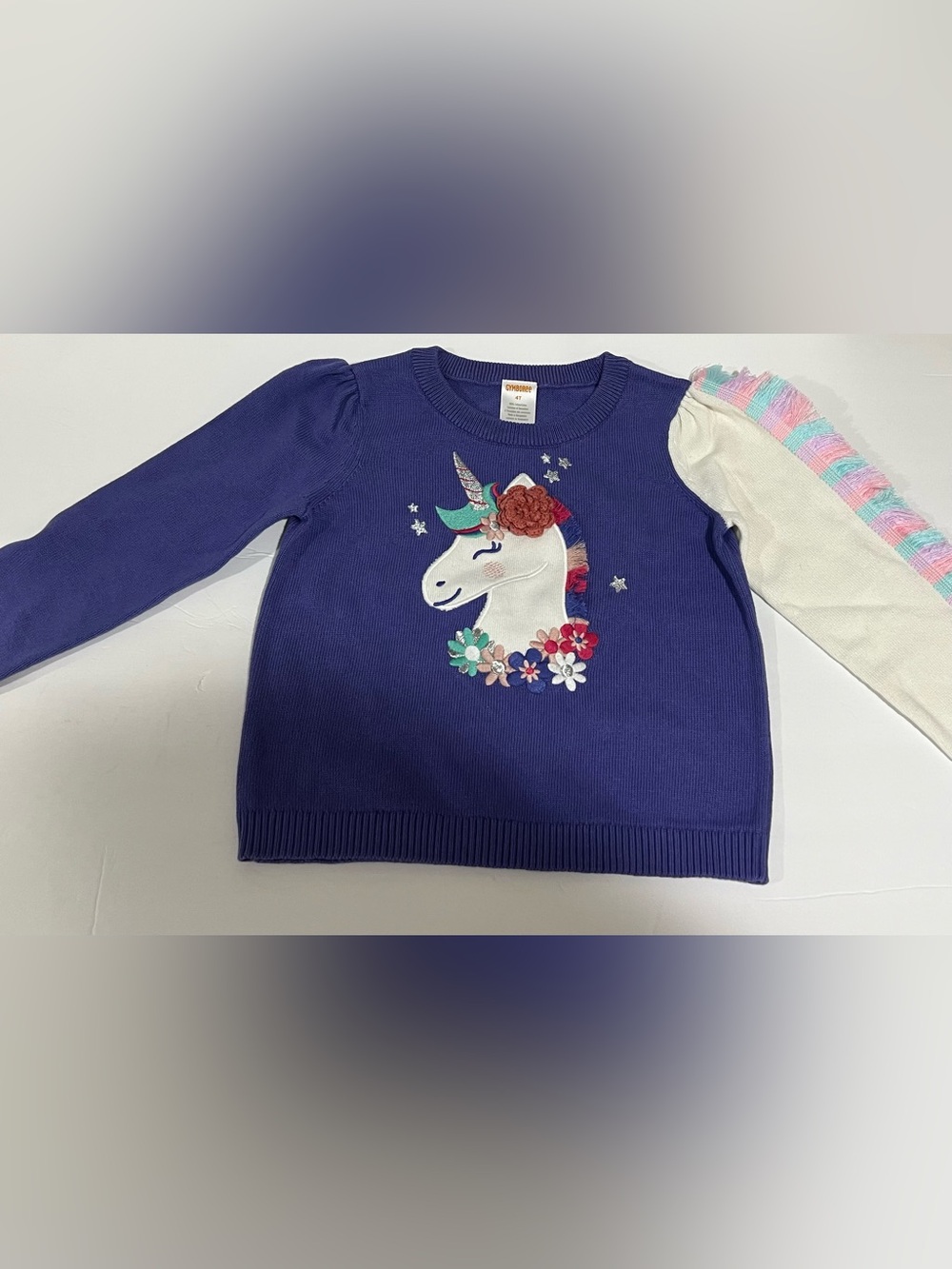 Gymboree Purple Unicorn Sweater with Cream Rainbow Accent Sleeve